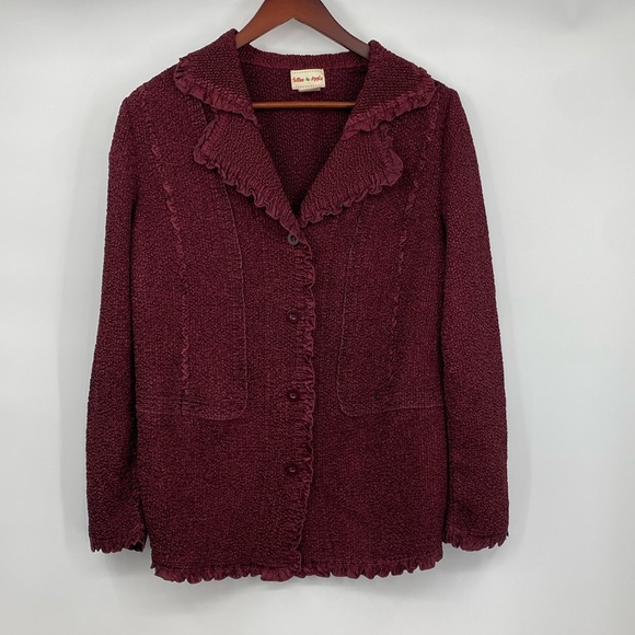 Toffee Apple Button Front Jacket Womens Sz XL Burgundy‎ Crinckle Ruffle Stretch - Picture 14 of 14